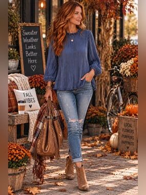 Easel Pleated Blouse Blue Ruffle Neck Long Sleeve Top M NWT